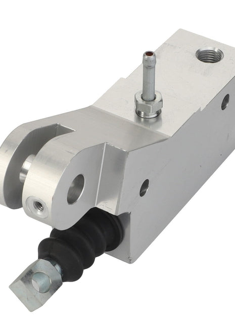 The AGCO Master Cylinder (model ACW2290150) from the AGCO brand is a metal mechanical component featuring a rectangular body with cylindrical protrusions, an attached rubber boot, and a pivoting element secured by a bolt.