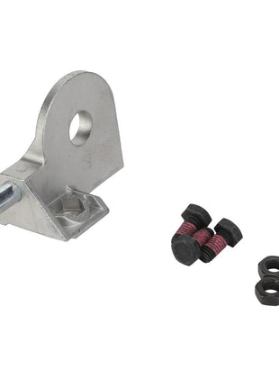 A sturdy metal AGCO mounting bracket, Stop - F222502031060, with a bolt is displayed alongside three black bolts featuring striking red threads and three hex nuts, all perfectly arranged against a clean white background.
