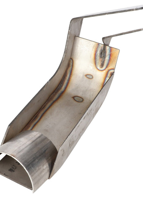 The AGCO DEFLECTOR, RIGHT HAND - AG326162 is a stainless steel, U-shaped metal bracket with a curved end and welded joints. Designed for industrial or mechanical purposes to ensure durability and reliability, it is perfect as application equipment parts or as part of AGCO Genuine Parts.