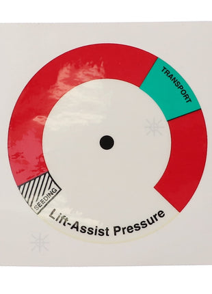 A circular gauge label from AGCO, the "Decal - Acp0001930," indicating "Lift-Assist Pressure" with segments marked in red for pressure, green for transport, and black-striped for seeding.