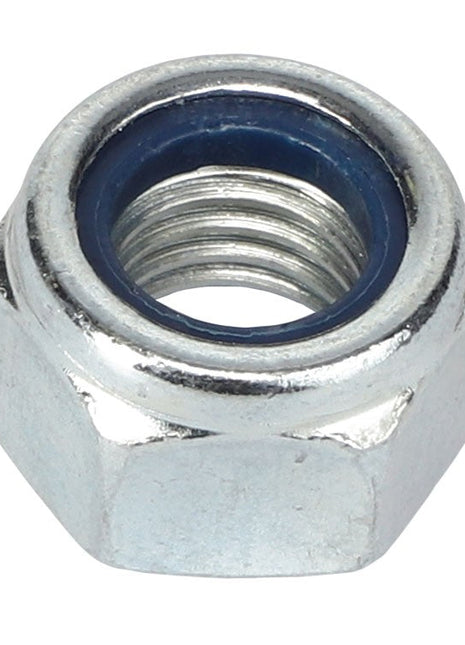 A close-up image of the AGCO | NUT - AL5011911, a metal hex nut featuring a blue nylon insert, exemplifies precision engineering. The current product description highlights the meticulous detail in this component.