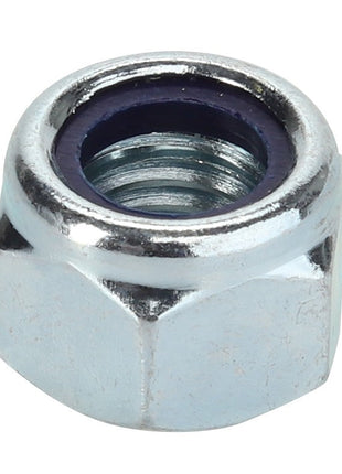 Close-up of the AGCO NUT - D41092600, a hexagonal metal nut featuring internal threading and a distinctive dark ring on the upper edge.