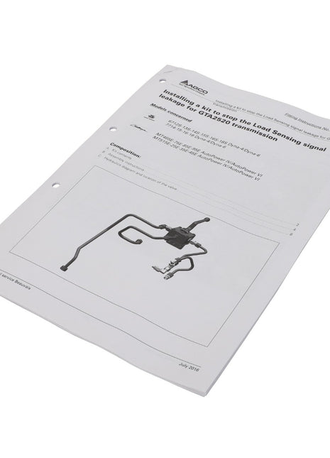 Instructional manual titled "AGCO | Instructions - Act0026980" featuring a diagram of a load-sensing signal tube for a Hino 500 ProShift transmission, complete with detailed illustrations. The document is neatly organized with three hole-punches along the left edge for easy storage in binders.