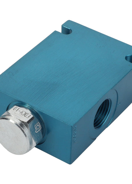 The AGCO Current Regulator - Acp0222890 is a blue rectangular hydraulic flow control valve equipped with a silver adjustment knob and a threaded side port. No product description available.