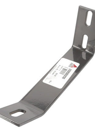 The AGCO | BRACKET - D28580250, branded by AGCO, is a metal bracket designed with two elongated holes on one end and one elongated hole on the other end, and it features a white label with text. No Current Product Description Information Available.