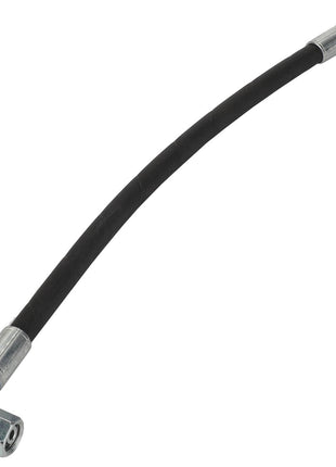 AGCO's HYDR. HOSE - ACW1118740 is a flexible black rubber hose with silver metal fittings on both ends; one end features a straight fitting, while the other is angled.