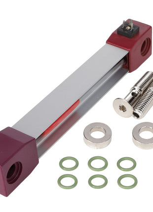 A silver and red metal linear rail, known as the AGCO SIGHT GAUGE - D45080021, comes with two mounting screws, four washers, and seven green rubber O-rings. No current product description information is available.