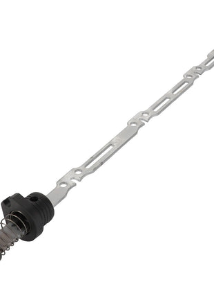 The AGCO Control Rack - F119200211240 is an elongated metal rod with a black cylindrical base, featuring a spring mechanism and multiple rectangular cutouts along its length.
