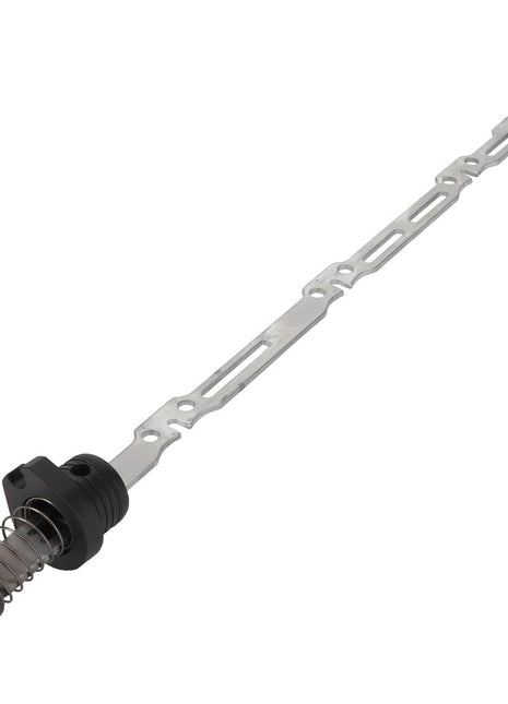 The AGCO Control Rack - F119200211240 is an elongated metal rod with a black cylindrical base, featuring a spring mechanism and multiple rectangular cutouts along its length.