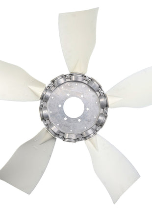 The AGCO Fan Blade, 5 Blades - Acw3375260, a white and silver industrial fan with a central metal hub made from high-grade materials, showcased on a plain white background, ensures efficient engine temperature management.