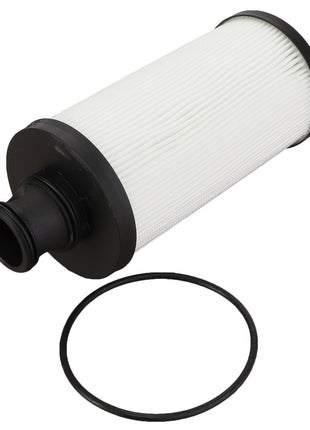 The AGCO Fuel Filter Cartridge - ACP0534350 is a cylindrical air filter featuring pleated white material, black end caps, and an included rubber O-ring gasket, making it perfect for ensuring cleaner fuel through an AGCO Fuel Filters system.