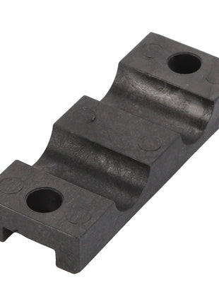 The AGCO Clamp - Acw088197A is a black metal bracket with a rectangular base, featuring two large circular holes and one square cut-out. No current product description information is available for this item.