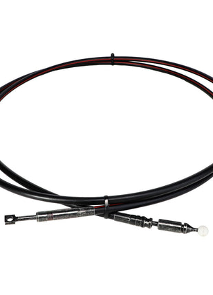 A photograph of the AGCO Control Cable, Loader - AL5020950, a black motorcycle throttle cable with metal fittings at both ends, showcasing the precision and durability synonymous with AGCO machinery components.