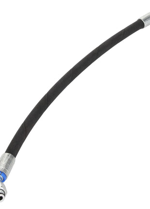The AGCO | Hose - Acw377385A is a flexible black hydraulic hose featuring metal fittings on both ends, identified by a blue band on one fitting and a red band on the other. Unfortunately, there is no additional product description information available at this time.