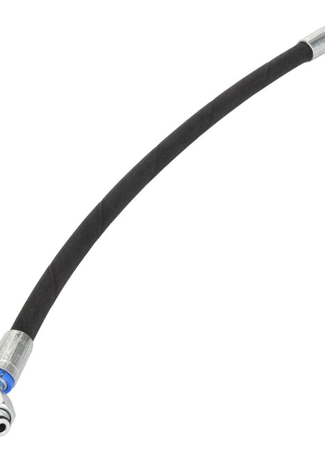 The AGCO | Hose - Acw377385A is a flexible black hydraulic hose featuring metal fittings on both ends, identified by a blue band on one fitting and a red band on the other. Unfortunately, there is no additional product description information available at this time.
