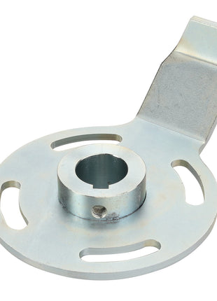 The AGCO BRACKET - D28285130 is a metal circular component with a central hole and side slots, featuring an extended flat tab on one side. No current product description information is available.