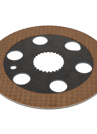 The AGCO | Brake Disc - Acw0995200 is a round metal disc featuring a grid-textured brown surface with several circular cutouts surrounding a central gear-like hole. It is designed by AGCO to meet the highest specifications for wet or dry braking systems, ensuring efficient performance in diverse conditions.