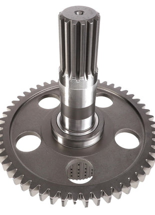 The AGCO | Shaft - Acp0445540 is a metallic gear with four holes and a cylindrical shaft extending from its center, featuring teeth around the outer edge.