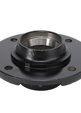 Introducing the AGCO Hub - Acp0011270, a robust black metal wheel hub assembly featuring three bolt holes and a cylindrical central opening.