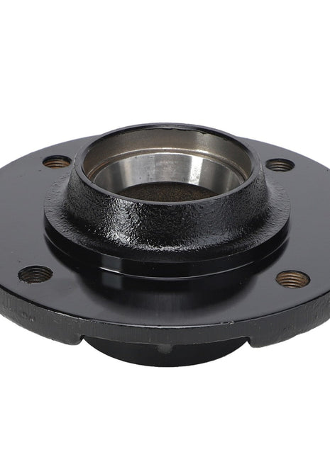 Introducing the AGCO Hub - Acp0011270, a robust black metal wheel hub assembly featuring three bolt holes and a cylindrical central opening.