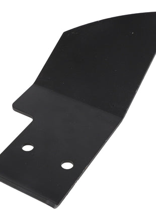 The AGCO SCRAPER - E70391 features a black metal blade with two circular holes near the base and a slightly pointed edge at the top, offering a sleek and functional design.