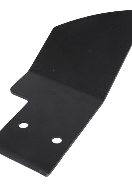 The AGCO SCRAPER - E70391 features a black metal blade with two circular holes near the base and a slightly pointed edge at the top, offering a sleek and functional design.