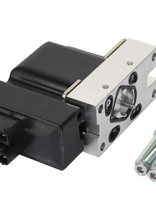 A close-up image of the AGCO Kit, Control - Acp0432080, featuring a black and silver electronic component with a wiring connector and three bolts placed beside it. No current product description available.