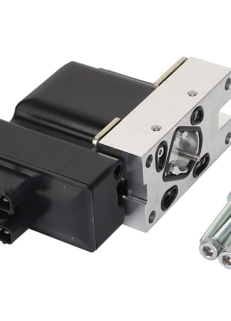 A close-up image of the AGCO Kit, Control - Acp0432080, featuring a black and silver electronic component with a wiring connector and three bolts placed beside it. No current product description available.