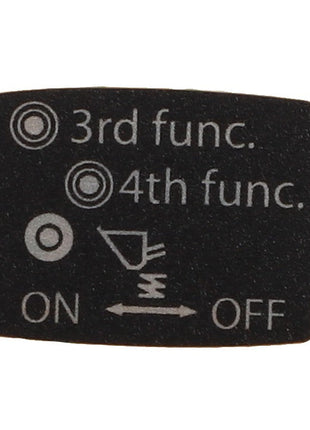 Close-up of a button with text and symbols indicating "3rd func.," "4th func.," and an ON/OFF switch featuring an irrigation-like symbol in the center, found on the AGCO | DECAL - AL4500357 by AGCO. No current product description information is available for this item.