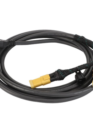 The AGCO Implement Harness - Acw6397420, by AGCO, features a coiled electrical wire with three distinct connectors: black, yellow and black, and yellow and red. Wrapped in a braided protective layer in certain sections, this durable design guarantees reliable performance.