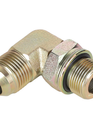 Introducing the AGCO UNION - AL5027481, a metallic right-angle pipe fitting with threaded ends and an O-ring, designed for connecting two pipes or hoses at a 90-degree angle. This high-quality product comes from the trusted brand AGCO.