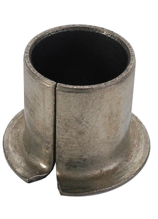 The AGCO Bearing Bushing - F198500030890 features a cylindrical metal design with a split seam and robust flanges at its base, ensuring both durability and ease of installation.