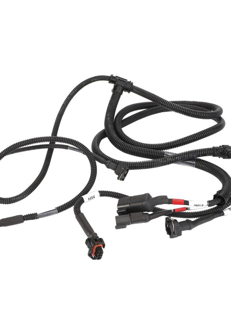 A coiled AGCO electrical wiring harness (model Acw2327740) with multiple connectors and protective sheathing is displayed against a white background, emphasizing AGCO Parts Genuine Electrics for optimal operating safety.