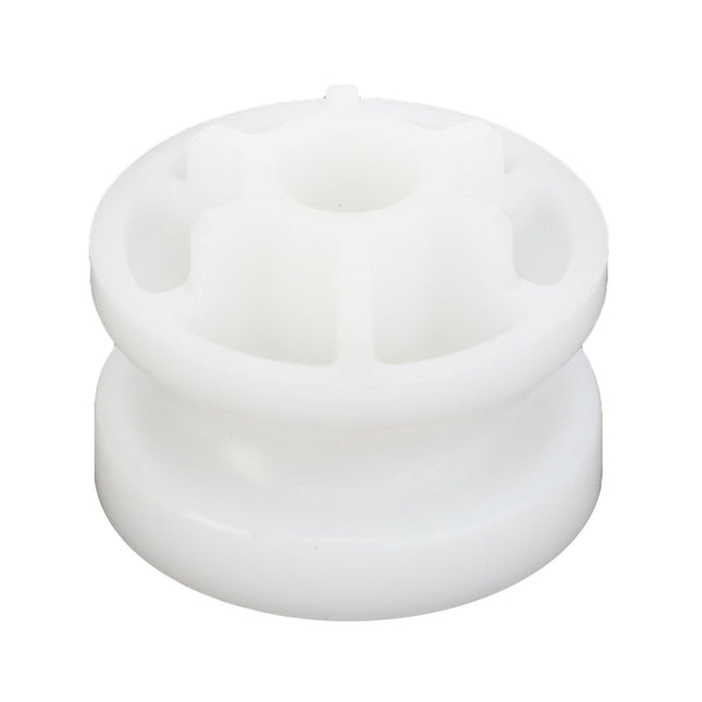 The AGCO | Pulley, Tensioner - 4349926M2, a white plastic spool featuring a hollow center and multiple radial supports, is ideal for use with Massey Ferguson models.