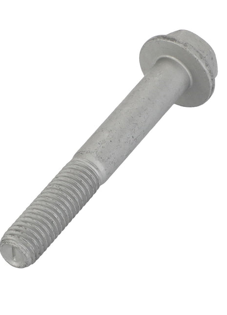 An AGCO Hex Flange Head Machine Screw - Acw1062010, made of silver metal with a threaded end and hexagonal head, placed on a white background.