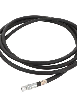 A black hydraulic hose featuring metal fittings on both ends, identified as AGCO | Hose - Acp0025760 from the brand AGCO, is displayed coiled against a white background. No current product description available.