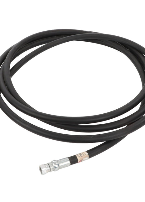 A black hydraulic hose featuring metal fittings on both ends, identified as AGCO | Hose - Acp0025760 from the brand AGCO, is displayed coiled against a white background. No current product description available.