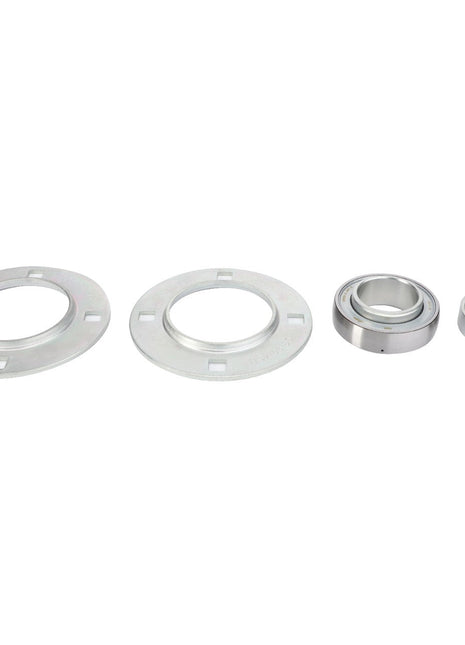 Four metallic mechanical parts of varying sizes are aligned horizontally against a white background, including two flat circular plates and two cylindrical components. Notably, one of the circular plates is an AGCO Bearing and Flange Assembly - D41716500.