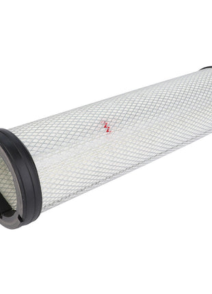 The AGCO Engine Air Filter Cartridge - D46485600, featuring a cylindrical design with a metal mesh exterior, black rubber ends, and a small red zigzag insignia in the center, boasts 99.9% filtration efficiency for prolonging service life. Part of the AGCO Air Filter Cartridges collection.