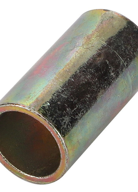 A cylindrical metal spacer with a reflective surface, displaying a rainbow-like coloration. Product Details: AGCO SLEEVE BUSHING - V30350700 by AGCO.