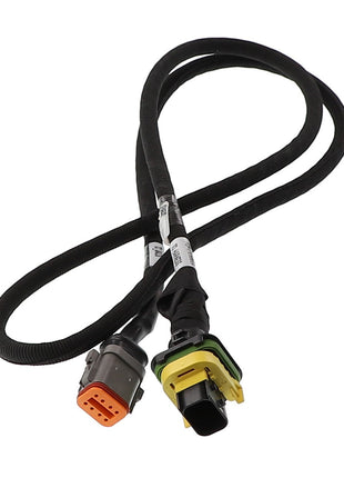 The AGCO Jumper - Acx257278A is a sleek black electrical wiring harness that features two distinct connectors, one in vibrant yellow and the other in bold orange, at each end.