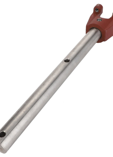 The AGCO Axle - Fel152652 is a metal cylindrical rod equipped with a red U-shaped connector on one end and two holes spaced along its length.