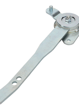 No current product description available for the AGCO Lever - Acp0667230, which features a long, flat arm, a circular rotating joint, and multiple holes for attachment.