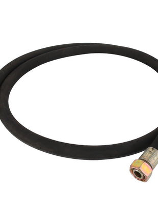 The AGCO HIGH PRESS HOSE - D26735385 is a coiled black rubber hose featuring metallic fittings on both ends, commonly utilized for fluid transfer in machinery or automotive applications. No current product description information available.