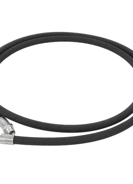 The AGCO | HOSE - AL9032513 from AGCO is a black flexible hose with metal connectors at both ends, neatly coiled in a loop.