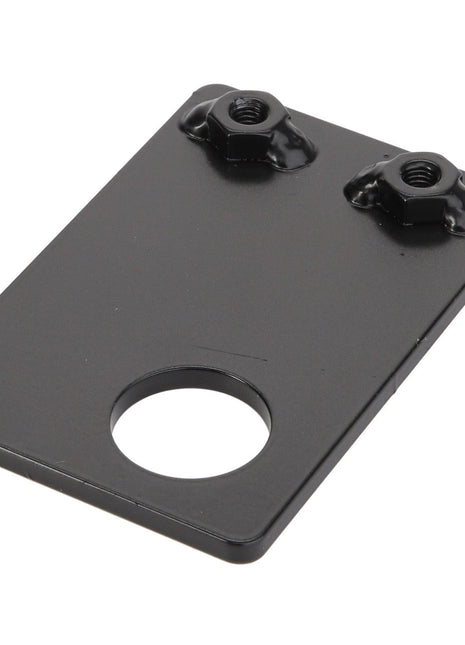 Product: AGCO | Bracket - Acw0157680
Brand: AGCO

Description: This black rectangular metal bracket features a large circular hole at the bottom and two smaller bolts at the top.