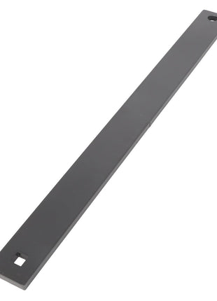 Currently, no product description information is available for the AGCO Trip Strap - Acx2478830, a rectangular black metal bar with a hole at each end.