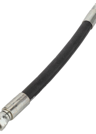 The AGCO Hose - Acp0384550 by AGCO is a black flexible hose with silver metallic connectors on both ends, currently listed as "No Current Product Description Available.