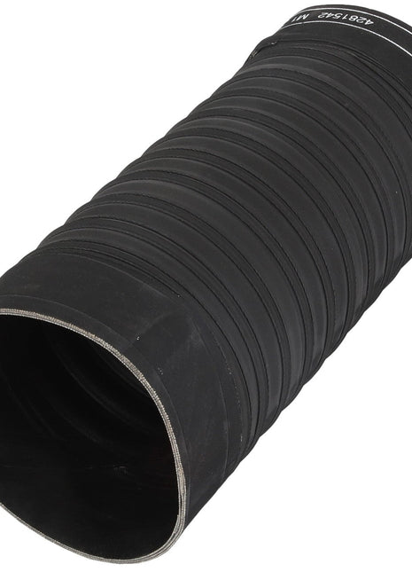 AGCO's Hose - 4281542M1 is a black, flexible rubber hose featuring a corrugated surface, open ends, and labeled markings near the edge. It is ideal for heavy-duty applications.