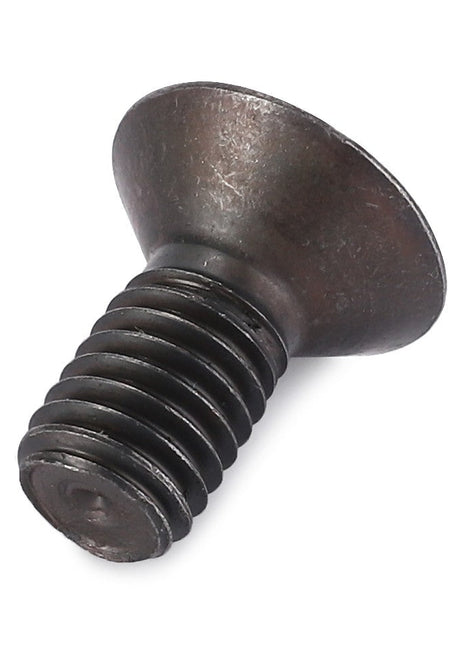 Close-up of the AGCO Screw - Va020493, a metal flat-head screw featuring a threaded shaft and a conical head, placed on a white background.